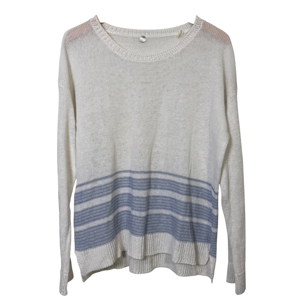 Margaret O'Leary Sweater Large White Blue Striped 100% Linen‎ Beachy Pullover